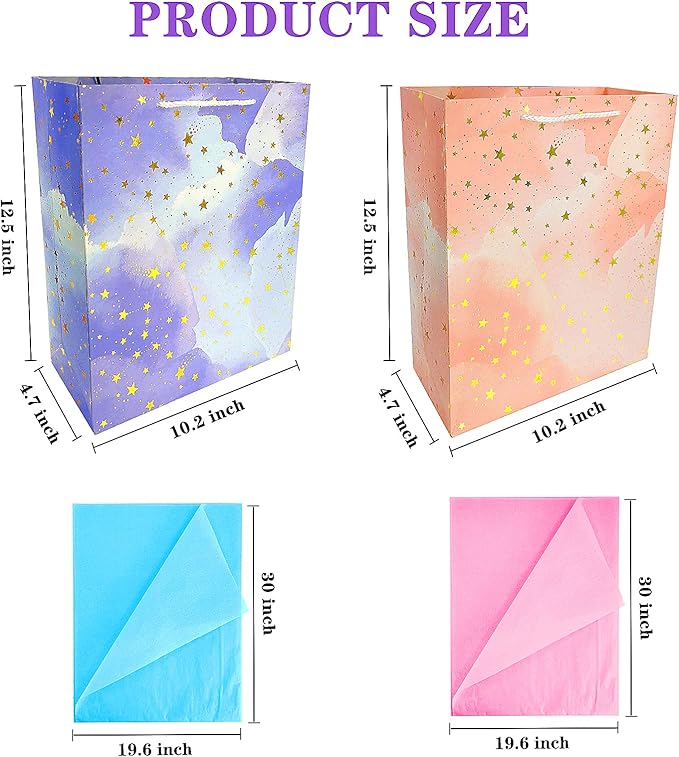 BLESZSING Gift Bag Birthday Large Gift Bags Set Included 2 Pack Paper Gift Bags with Tissue Paper Colorful Pink Blue Gift Bags 125 Large Size Blue Pink and Star Large (Pack of 2)