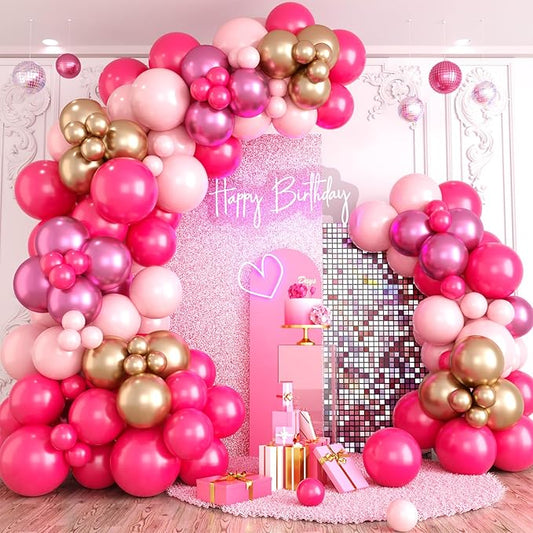 Pink Balloon Arch Garland Kit, Pastel Baby Hot Pink Balloons with Metallic Gold Latex Balloons for Girls Women Birthday Mother's Day Bridal Baby Shower Wedding Anniversary Princess Theme Decorations