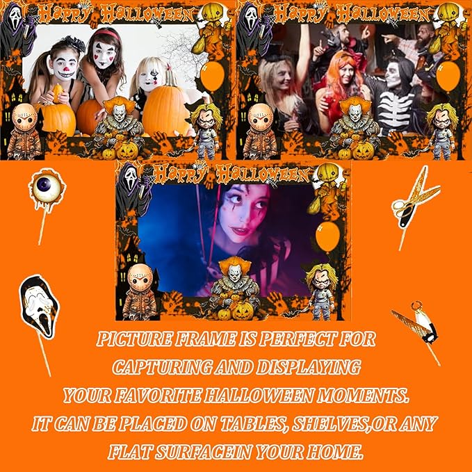 Halloween Photo Booth Props Kit – 16 Pcs Party Selfie Frame and Photo Props for Indoor Outdoor Decorations, Pumpkin Ghost Bat Designs for Halloween Events (Orange)