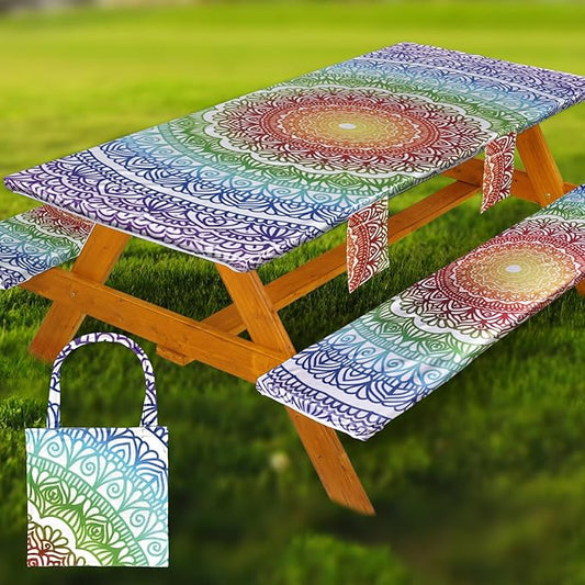 Picnic Table Cover with Bench Covers Vinyl Elastic Edges Fitted Rectangle Seat Tables Waterproof 3-Piece96X30in Set Outdoor Rectangular Folding Backing Tablecloth for Camping Over Size