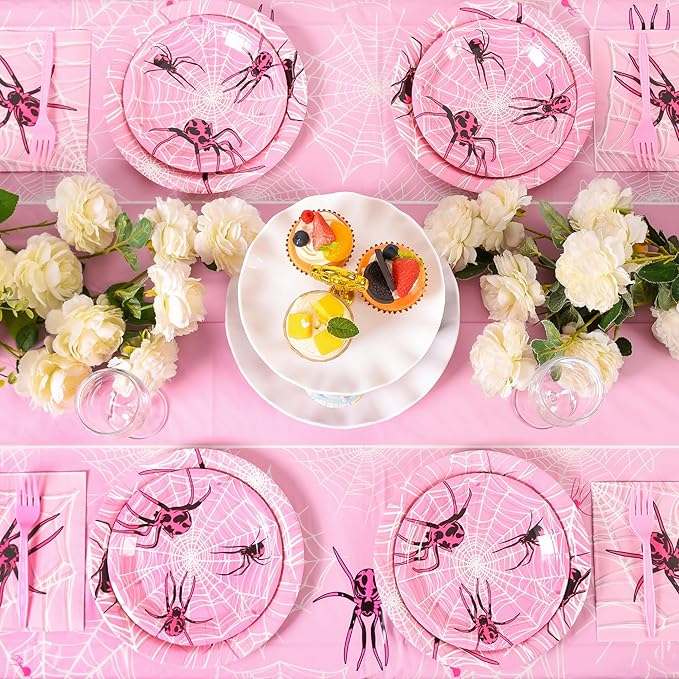 96 Pcs Pink Ghost Spider Party Supplies Disposable Tableware Set Serve 24 Guests Include Spider Web Paper Plates and Napkins Plastic Forks for Birthday Party Baby Shower Halloween Decorations(Pink)