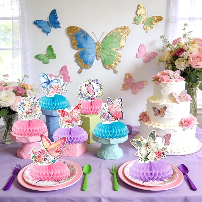 Butterfly Party Decorations Honeycomb Centerpieces, 9Pcs Butterflies Honeycomb Table Centerpieces Set, 3D Honeycombs Table Centerpiece for Baby Shower Butterfly Spring Birthday Party Decor Supplies