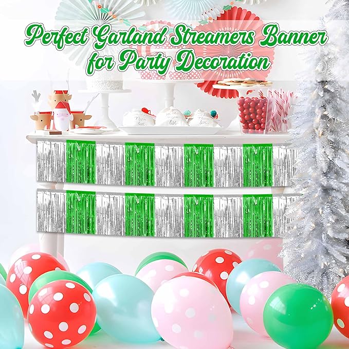 4 Pack 10 Ft Silver Green Foil Fringe Garland Metallic Streamers Tinsel Banner Wall Hanging Garland Backdrop for Parade Floats, Halloween, Christmas, Thanksgiving, New Year Party Decorations