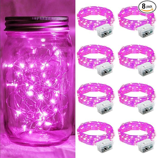 8 Pack Pink Fairy Lights 7Ft 20 LED Twinkle String Lights 3 Modes Battery Operated Waterproof Firefly Starry for Mason Jar Party Wedding Christmas Valentines Day Table Centerpieces