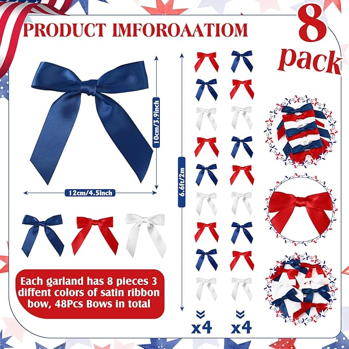 Taobary 8 Pcs 6.6 ft Bow Garland, Satin Ribbon Bow Banner Coquette Hanging Ornament for Photo Backdrop Birthday Party Wedding Bridal Baby Shower Wall Decorations(Red, Blue and White,1 Inch)