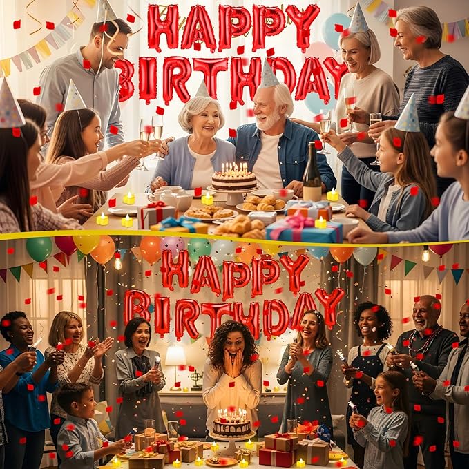 Red Happy Birthday Balloons Decorations Happy Birthday Letter Balloons Banner Set with 24pcs Heart Flameless LED Candles and 2000pcs Artificial Rose Petals for Women Men Room Party Decor