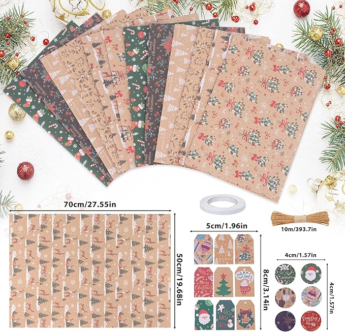 Larcenciel Christmas Gift Wrapping Paper Set, 6 Sheets with Tags, Stickers, Twine and Tape, Classic Holiday Kraft Wrapping Paper, Green Brown Elegant Xmas Gift Wraps for Girly, Boys, Coworker, Friends
