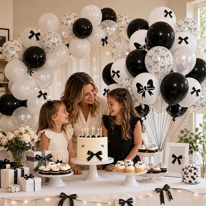 Bow Balloons, 60Pcs Black Bows Balloon, 12 Inch Latex Black and White Bow Printed Balloons with Cute Bows Ribbons for Women Girls Birthday Party Baby Shower Bridal Shower Bow Theme Party Decorations