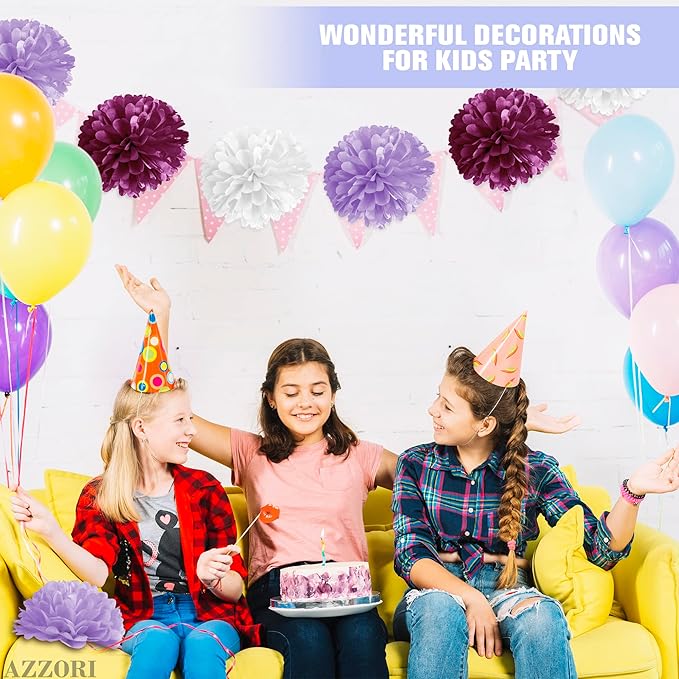 16 Pcs Purple Tissue Paper Pom Poms Set – Purple Decorations for Party with Pom Poms, Flowers & Lanterns – Elegant Reusable Decor with Soft Lavender Tones for Weddings, Events & Party Decorations