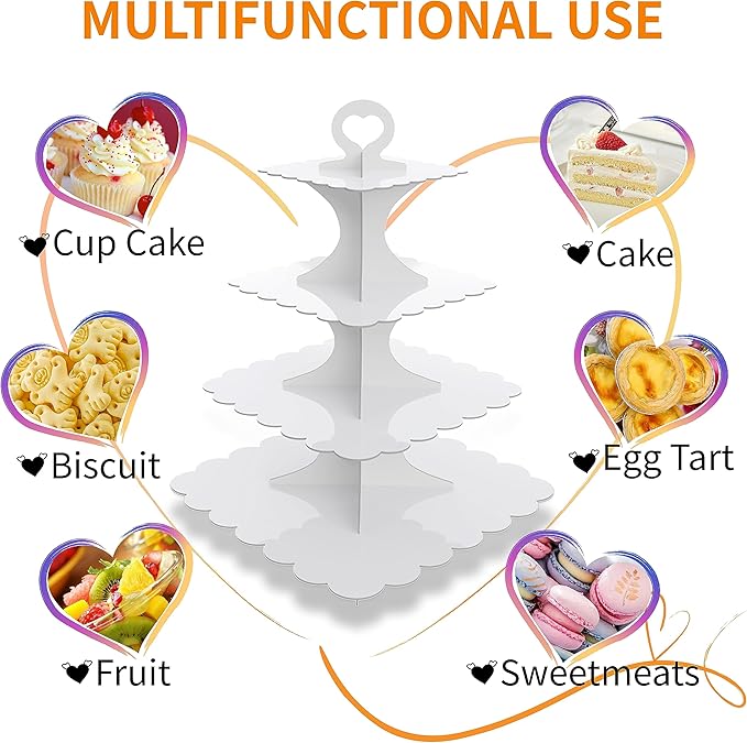 4-Tier Square White Cupcake Stand 2-Pack – Sturdy Cardboard Dessert Display for Weddings, Birthdays, Parties