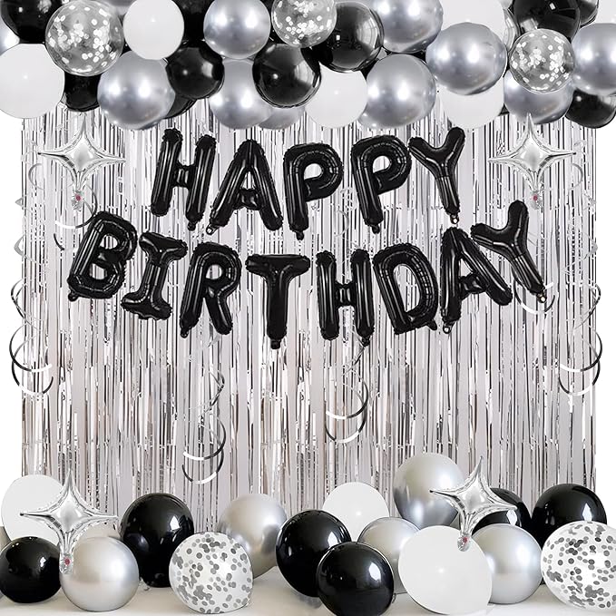 92 PCS Black and Silver Happy Birthday Decorations Balloons Fringe Curtains Vortex for Boys Men Girls Women 16th 18th 20th 21st 25th 30th 40th 50th 60th Birthday Party Decorations (Black Silver)