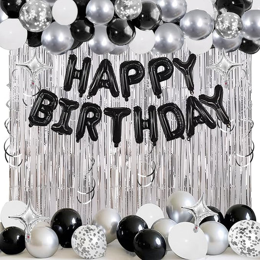 92 PCS Black and Silver Happy Birthday Decorations Balloons Fringe Curtains Vortex for Boys Men Girls Women 16th 18th 20th 21st 25th 30th 40th 50th 60th Birthday Party Decorations (Black Silver)