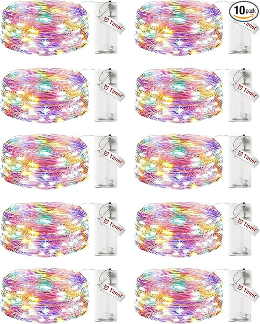 10 Pack Fairy Lights Battery Operated with Timer, 7FT 20LED String Lights Waterproof Silver Wire Fairy Light Battery Powered Twinkle Lights for Bedroom Christmas Wedding Indoor Party Decor Multi Color
