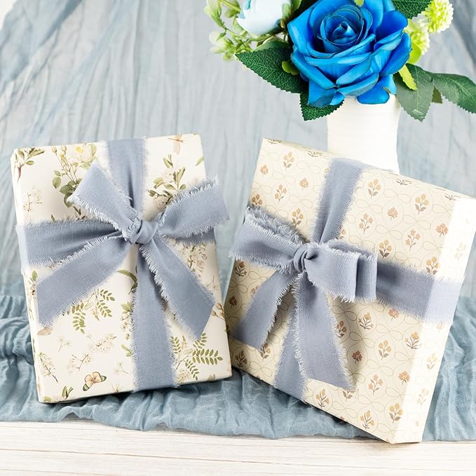 Dusty Blue Cotton Ribbon 1 Inch Dusty Blue 3 Rolls 21 Yards Frayed Edge Fabric Set for Wedding Decor, Bridal Bouquet Wrap, Graduation Party, Gift Wrapping & Spring Wedding