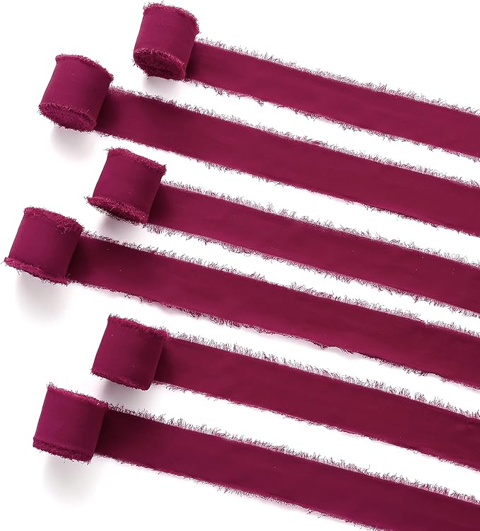 Ribbon, Burgundy Chiffon Ribbon for Flower Bouquet, Silk Ribbons for Crafts, 6 Rolls x 7Yd Each, 1 1/2 inch W x 42Yd Total, Wedding & DIY Crafts for Mothers Day
