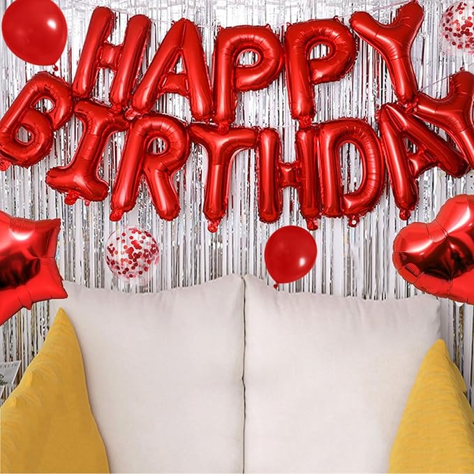 CANREVEL Happy Birthday Balloons Banner 16 Inch Mylar Foil Letters with Star & Heart Balloons Birthday Party Decorations for Men and Women - 30 Pcs Red