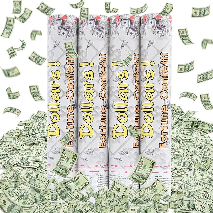Confetti Cannon Creative Small Size Dollar Bill Confetti Poppers Suitable for Business Signing, Opening Activities, Promotion and Salary Increase Celebration, Holiday or Birthday Party (Pack of 4)