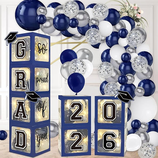 DAZONGE Navy Blue Graduation Decorations 2026 - Set of 4 Grad Balloon Boxes with 139pcs Balloon Arch Garland Kit & 4 Lighted Strings - So Proud of You 2026 Graduation Decorations