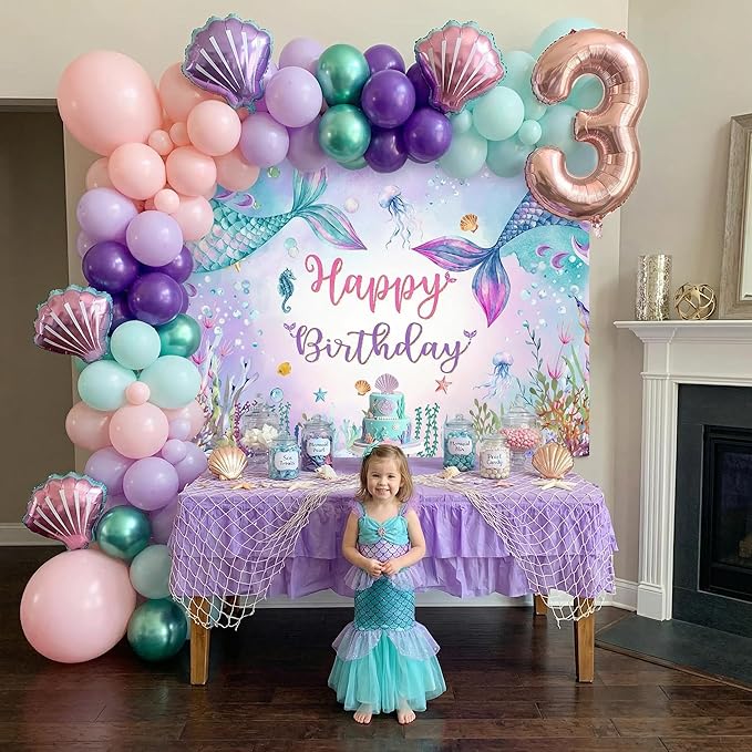 Mocsicka 7x5ft Mermaid Birthday Backdrop Under The Sea Fantasy Decorations for Girls Blue Purple Mermaid Tails Photography Background Party Supplies (7x5ft(82x60 inch))