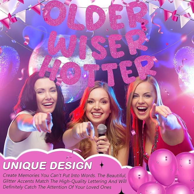 Fulmoon Set of 3 Pre Strung Older Wiser Hotter Glitter Banner Funny Birthday Banner for Women 30th 40th 50th 60th 70th 80th Birthday Party Decorations Sign Gift(Hot Pink)