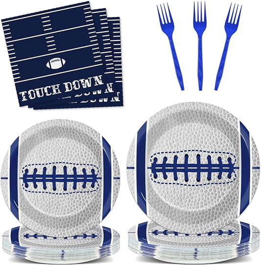 Qyeahkj 25 Guests Cowboys Football Party Plates and Napkins Supplies American Football Team Platters Tableware Set Touch Down Blue & White Decor Favors for Football Fans Boy Sports Team Theme Party