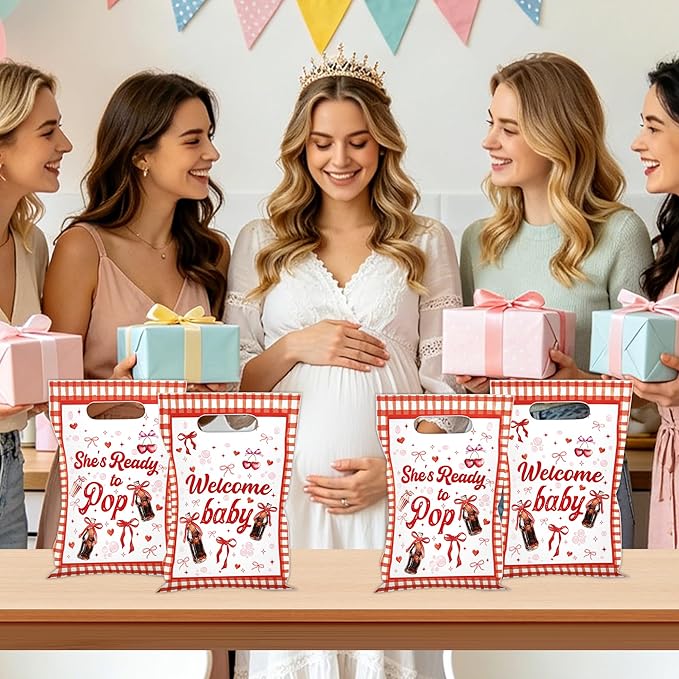 MOIZYNG She's Ready to Pop Baby Shower Decorations, 50Pcs Soda Pop Drink Themed Plastic Candy Treat Goodie Gift Bags with Handles for Girls Baby Shower Party Supplies
