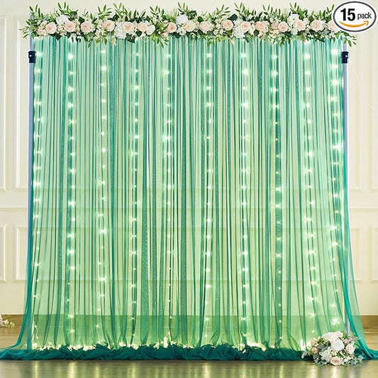Hunter Green Tulle Backdrop Curtains with Lights String for Parites 10x8ft Sheer Backdrop Curtains Drapes for Birthday Party Bridal Shower Baby Shower Photo Booth Background Decorations