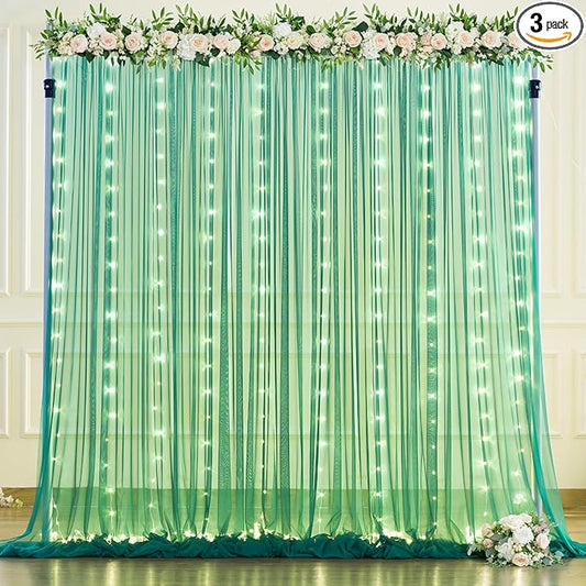Hunter Green Tulle Backdrop Curtains with Lights String for Parites 10x10ft Sheer Backdrop Curtains Drapes for Birthday Party Bridal Shower Baby Shower Photo Booth Background Decorations