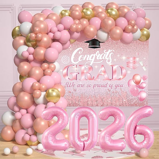 Pink Graduation Decorations Class Of 2026 - Graduation Balloon Arch Kit With Pink Rose Gold Balloons, Grad Backdrop, 2026 Foil Balloons For Girls High College School Decor