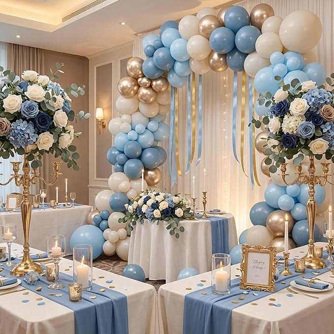 RUBFAC Dusty Blue and Gold Balloons, 65pcs 12 Inches Champagne Gold Metallic Fog Baby Blue Balloon for Baby Boy Shower Bridal Birthday Wedding Party Decorations