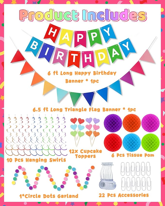 Oomloid Happy Birthday Party Decorations - Colorful Happy Birthday Banner Swirl Streamers Honeycomb Balls Circle Dots Garland Triangle Flag Bunting, Rainbow Decor for Women Men Boys Girls