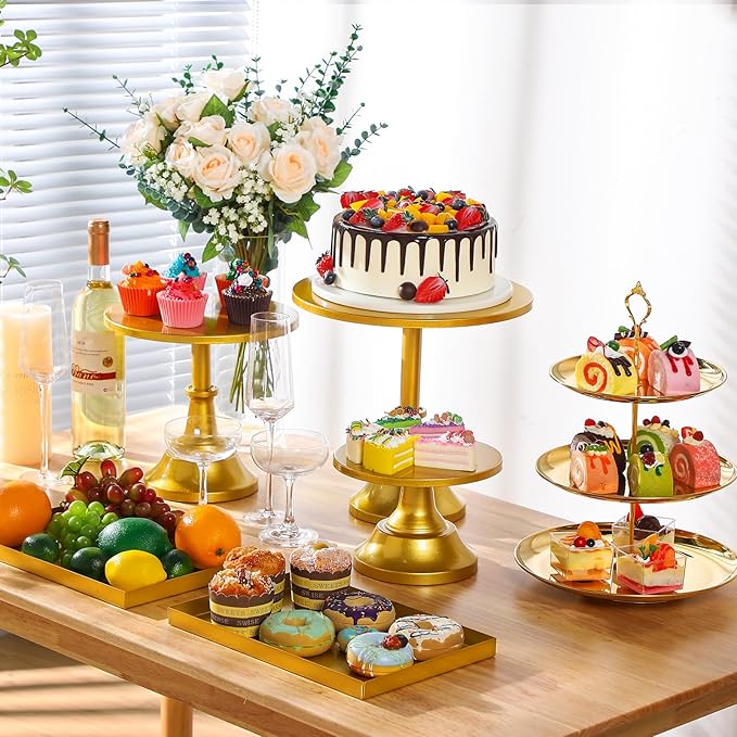 Tioncy 7 Pcs Cake Stand Set Metal Cupcake Holder Dessert Table Display Cupcake Display Plate Serving Platter Dessert Table Stands and Trays Set for Baby Shower Wedding Birthday Xmas Party (Gold)