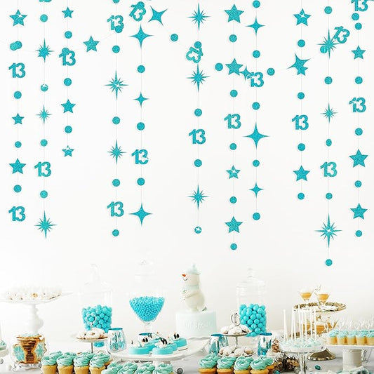 Teal Blue 13th Birthday Decorations Number 13 Circle Dot Star Garland Glitter Streamer Banner Backdrop for Girls Boys Official Teenager Cheers to 13 Years Old Birthday 13th Anniversary Party Supplies