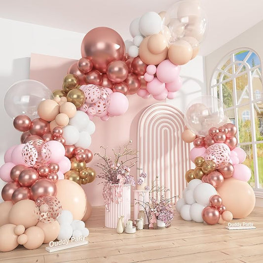 Ouddy Party 149Pcs Rose Gold Balloon Arch Garland Kit Different Sizes 18 12 10 5Inch, 6Pcs 18” Clear Nude Pink White Metallic Confetti Balloons for Wedding Baby Shower Girl Birthday Party Decorations