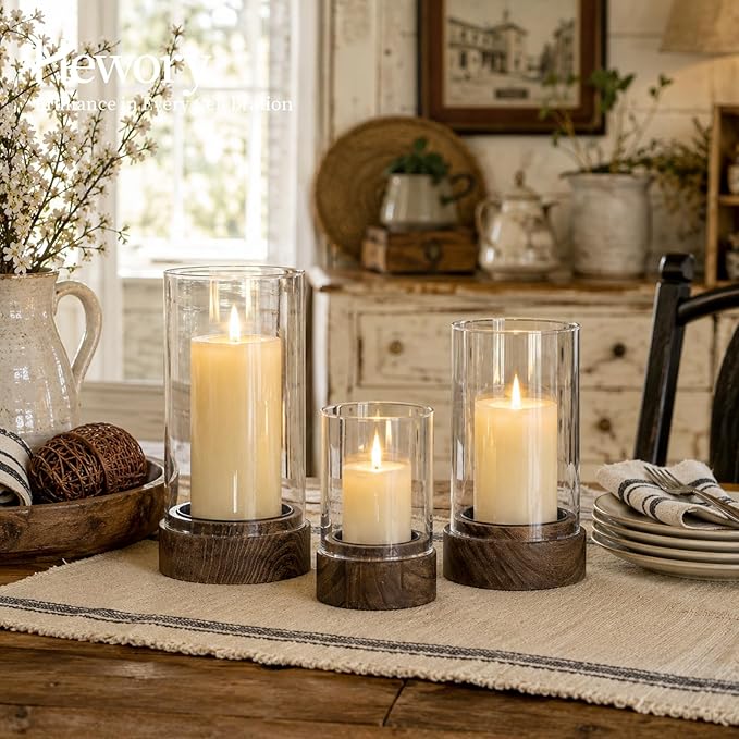Hewory Hurricane Glass Candle Holder : Set of 3 Rustic Brown Candle Holders for Pillar Candles, Vintage Decorative Wood Stand with Clear Glass for Weddings,Christmas,Table Centerpiece,Home Decor