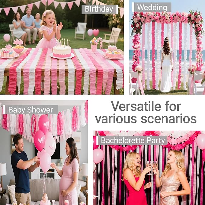 Princess Hot Pink Crepe Paper Streamers 492ft Shades of Pink Fringe Birthday Party Curtains for Backdrop, Door, Ceiling Birthday Party Decorations Various Pink Wedding Decor