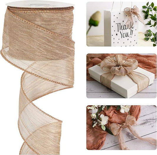 HUIHUANG Rose Gold Wired Ribbon Wavy Metallic Wired Ribbon 2-1/2 inch Wide Crinkle Wire Ribbon for Gift Wrapping Basket Wreaths Bows Making Home Decor DIY Crafts Christmas Tree Top Bows -10 Yards
