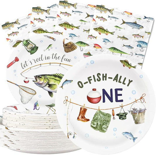 O-Fish-Ally One Birthday Party Supplies for 40 Guests – Fishing Theme Plates and Napkins– Boys 1st Birthday Disposable Tableware Set