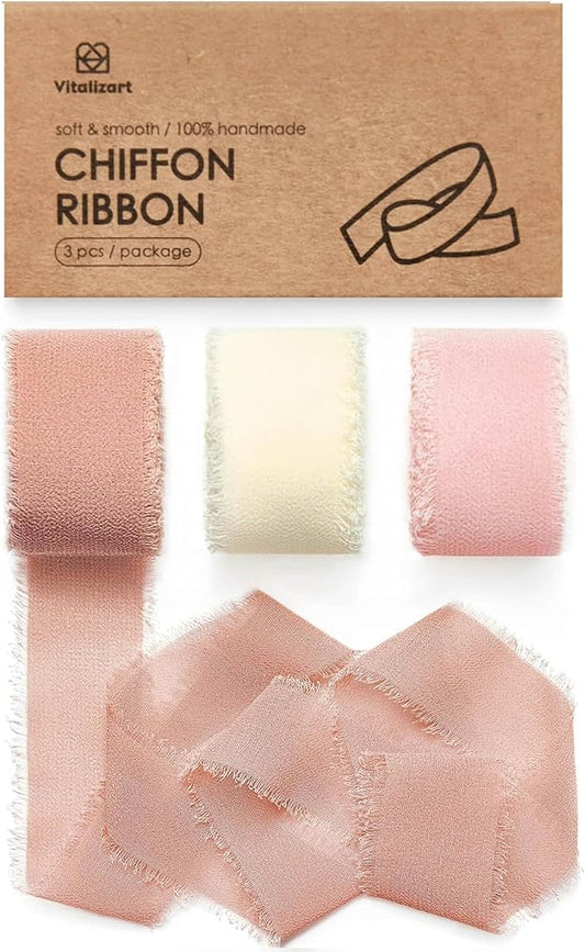 Vitalizart Pink & White Chiffon Silk Ribbon 1" x 21 Yd Fringe Fabric Package (3 Rolls * 7 Yd) for Wedding Invitations Bridal Bouquets Decorations Gifts Wrapping & Bow Making