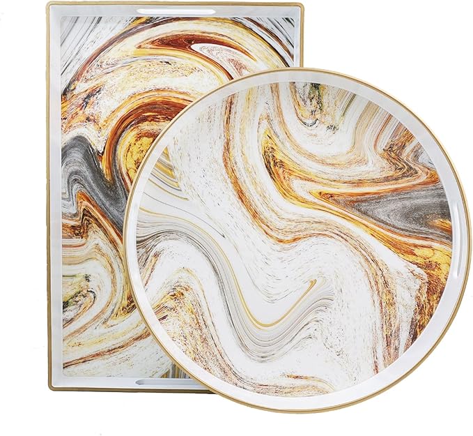Round White Marbling Decorative Tray with Handles, 13" Morden Plastic Serving Tray for Coffee Table Bathroom, Ottoman, Home Decor