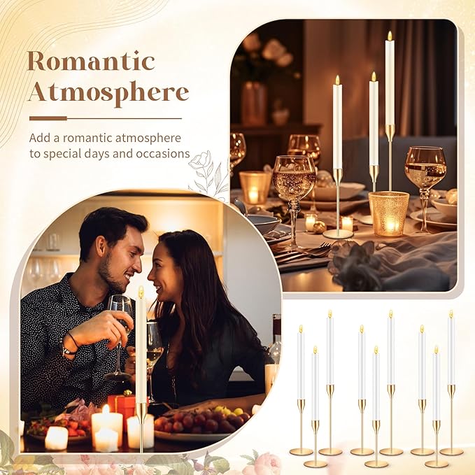 FillTouch 30 Pcs Gold Candlestick Holders with Flameless LED Candles Bulk Includes 15 Metal Candle Holders and 15 Battery Operated Taper Candles for Wedding Valentines Table Centerpieces Home Decor