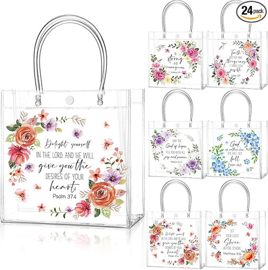 Teenyyou 24 Pcs Christian Clear Gift Bags with Handle Bible Verse Party Favor Flower Goodie Candy Treat Tote PVC Bags for Religious Baptism Themed Party Supplies
