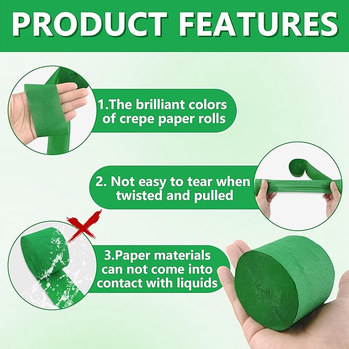 Crepe Paper Streamers 6 Rolls Green 2.2 Inches 738 Feet, Party Supplies DIY Crafts for Birthday, Wedding, Baby Shower, Bachelorette, Graduations Decorations