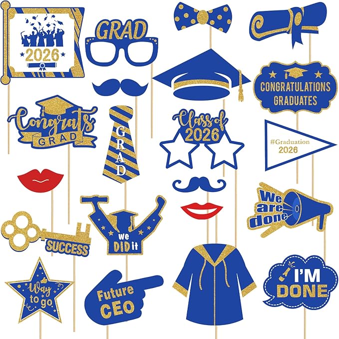 Avezano Graduation Photo Booth Props, 21pcs Graduations Picture Props 2026 for Photoshoot, Grad Photo Props for Photobooth Class of 2026 Party Decorations Set Party Favors Supplies (Blue and Gold)