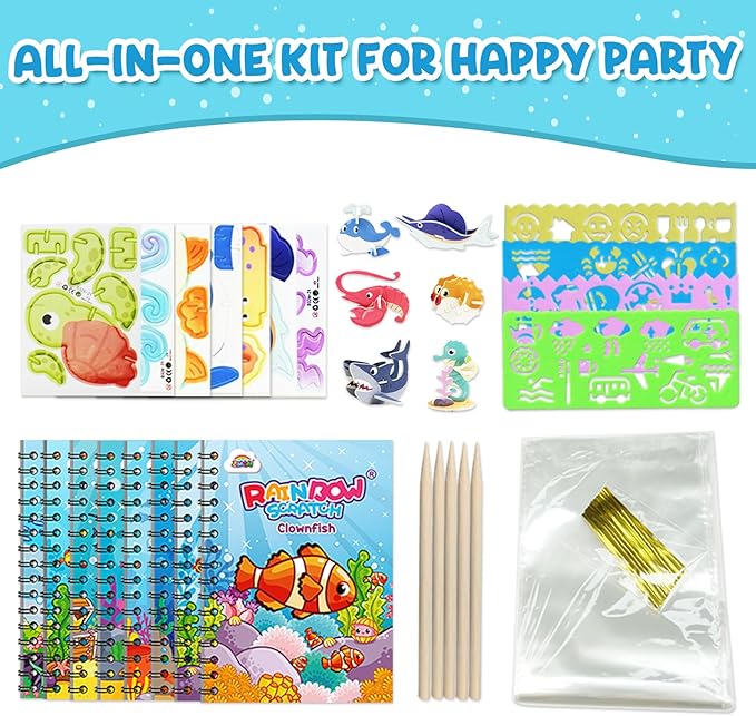ZMLM 24 Pack Scratch Art Party Favors for Kids 4-8 – Individually Wrapped Rainbow Notebooks, Mess-Free Goodie Bag Stuffers, Non-Candy, Classroom Prizes, Travel Quiet Time Crafts for Boys Girls(Ocean)