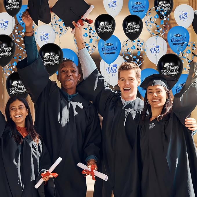 60 Pcs Graduation Balloons Class of 2026 Graduation Decorations - 12 Inch Congrats Grad Balloons Blue Black and White Latex Balloon Grad Party Decorations for College, High School