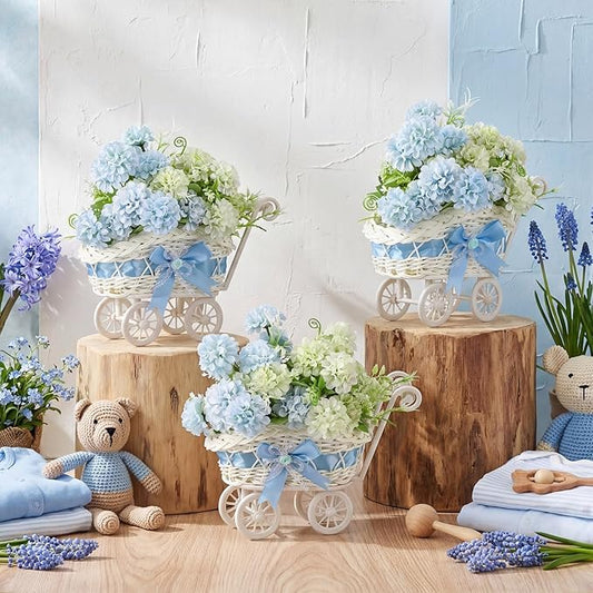 3 Pack Rattan Baby Carriage Floral Arrangement with Bouquet Baby Shower Table Centerpiece Stroller for Guests Gender Reveal Wedding Party Favor Gift and Souvenir(Blue)