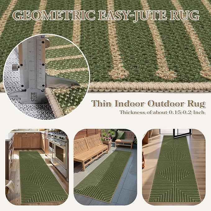 Lahome Neutral Geometric Green Runner Rug for Hallway, 2x8 Washable Kitchen Entryway Runner, Farmhouse Rhombus Low Pile Non Shedding Indoor Outdoor Carpet for Laundry Room