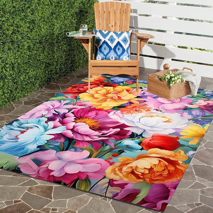 Floral Outdoor Rug Vibrant Waterproof Non Slip Patio Rugs for Balcony Garden Camping Poolside 7x12 Machine Washable Porch Deck Flower Print Outside Carpet Vintage Bathmat Orange Pink