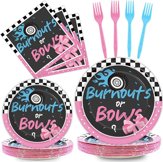 chiazllta 96 Pcs Gender Reveal Burnouts or Bows Party Plate and Napkins Supplies Disposable Tableware Decor Party Paper Plates Napkins for Party Favors 24 Guests
